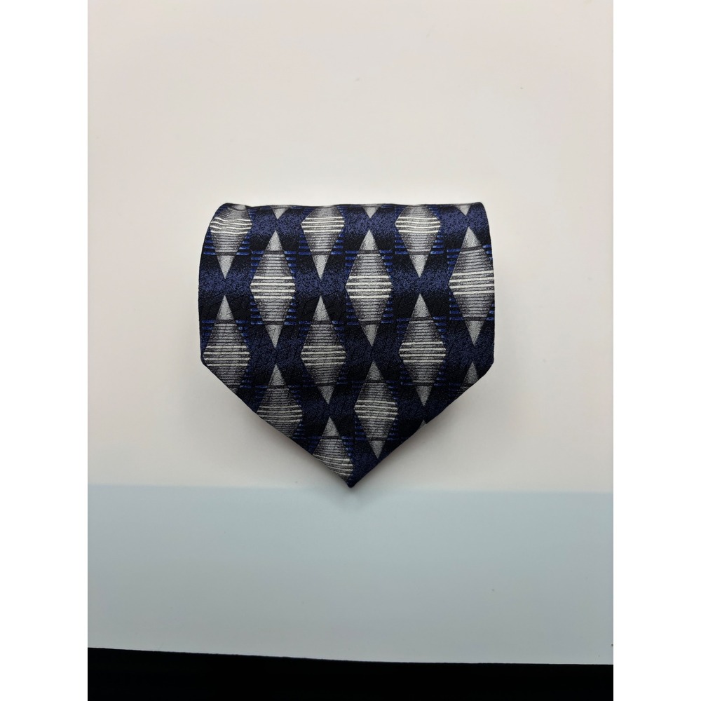 Louis Roth Mens Silk Necktie Navy Blue Silver Geometric Diamond Pattern Formal